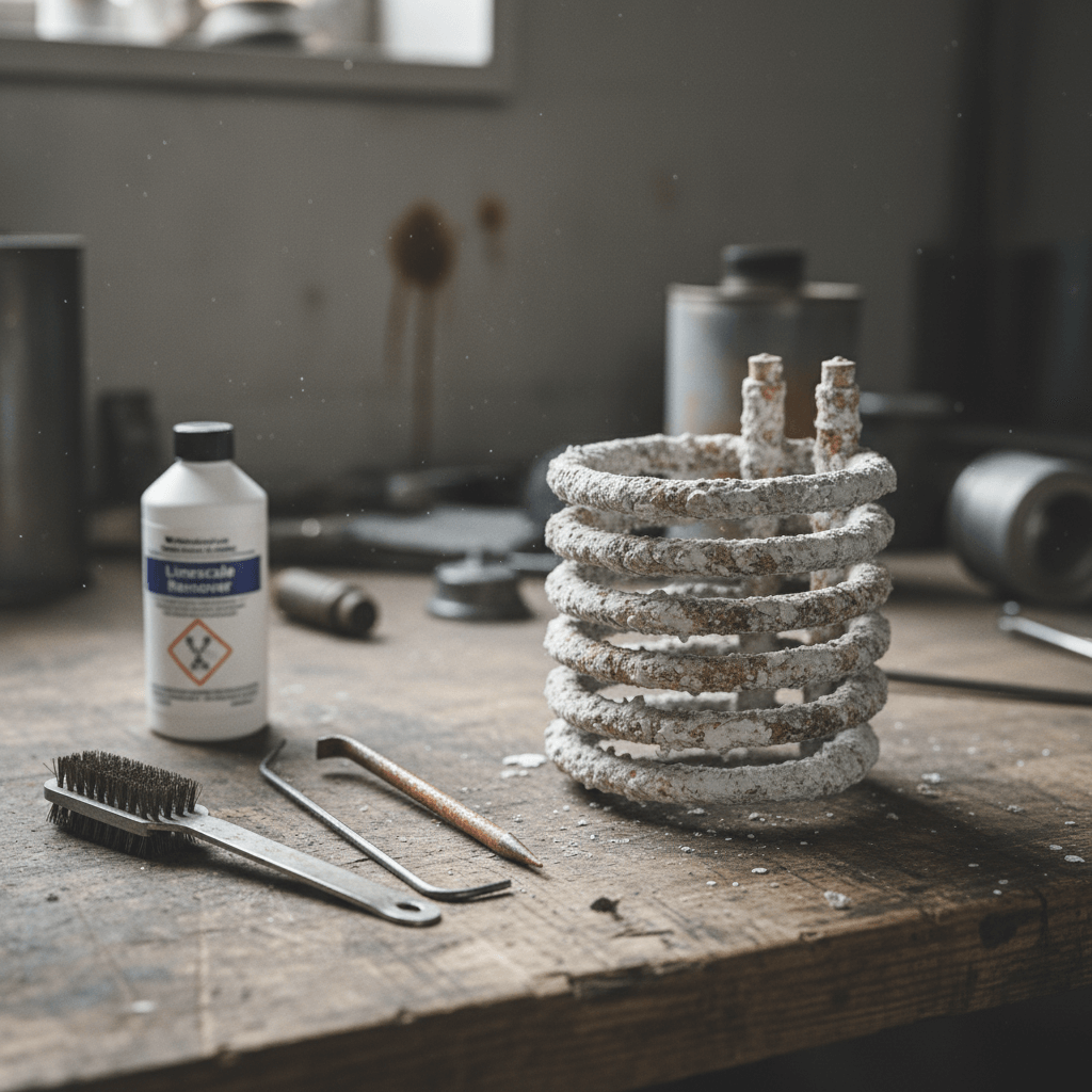 Verkalkter Heizstab auf Werkbank