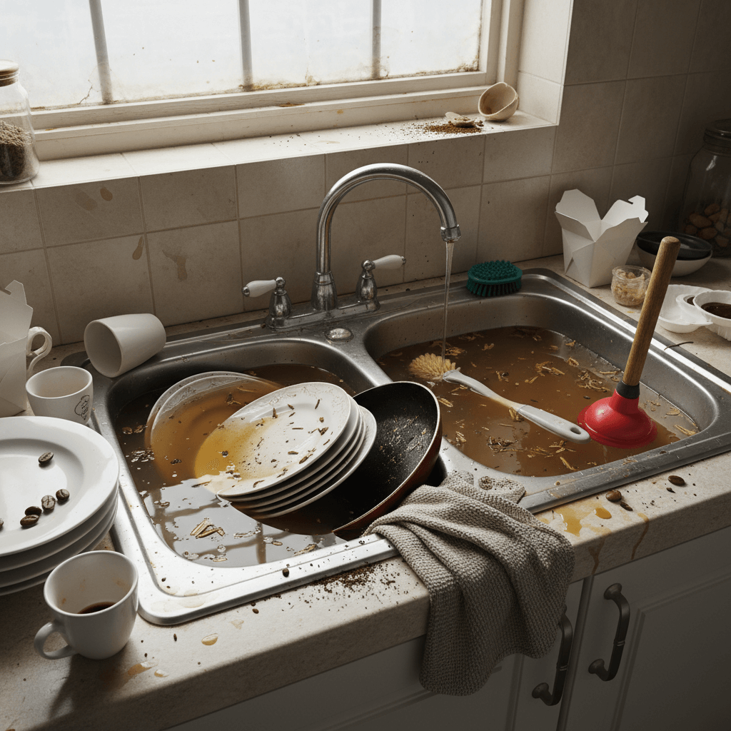 Verstopfte Küchenspüle mit stehendem Wasser